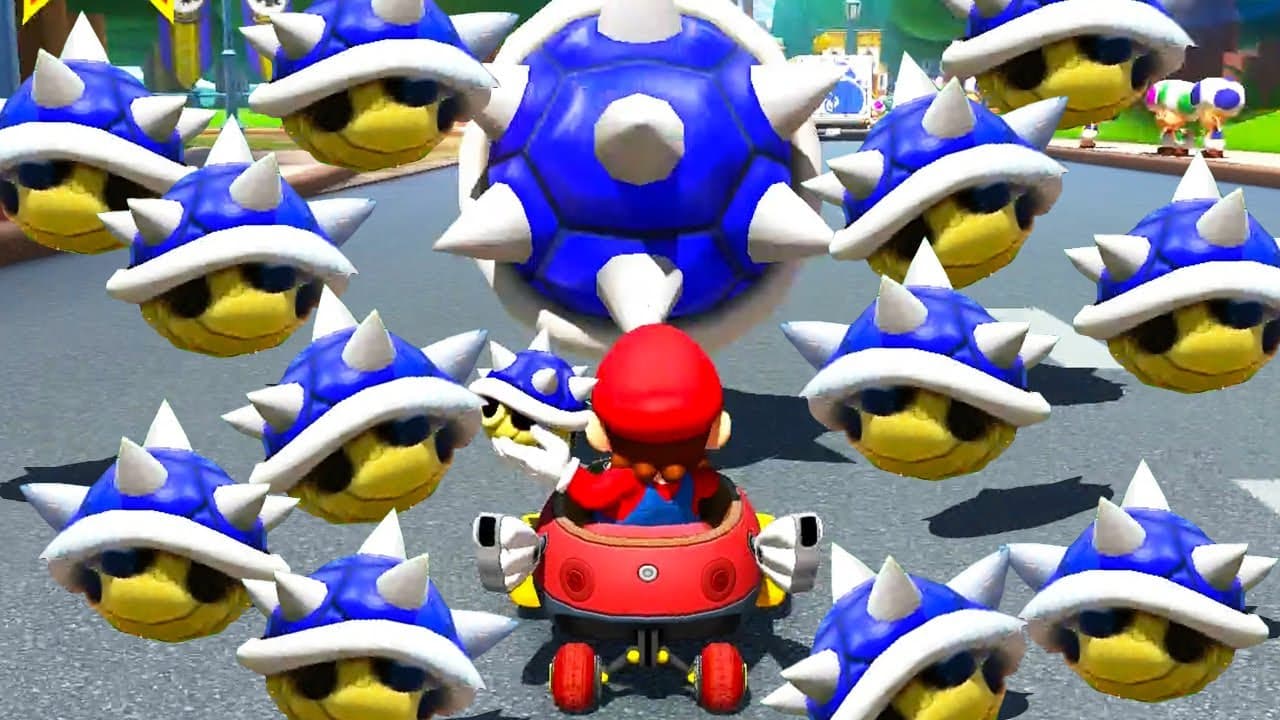 Mario in Mario Kart, surrounded by multiple Blue Shells.