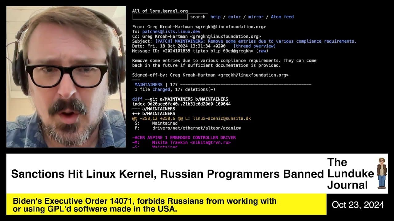 YouTube thumbnail for Youtube - Bryan Lunduke - Sanctions Hit Linux Kernel, Russian Programmers Banned