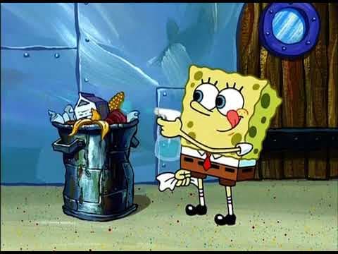 SpongeBob cleaning a rancid trash can filled with dirty garbage