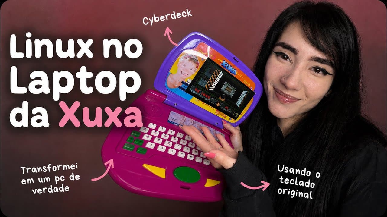 YouTube thumbnail for Vídeo: "Transformei o laptop da Xuxa em um computador de verdade que roda Linux"