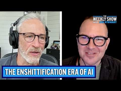 YouTube thumbnail for AI and the Enshittification Era w/ Cory Doctorow | TWS w/ Jon Stewart [1:38:44]