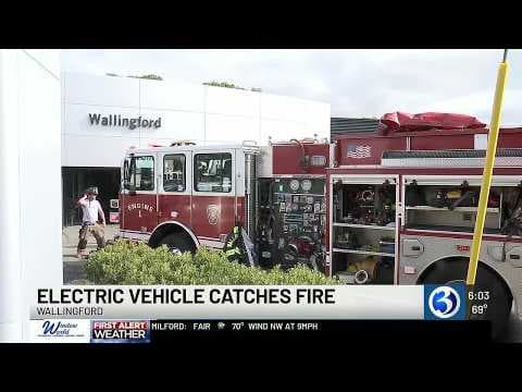 YouTube thumbnail for 2 workers hospitalized after EV battery fire breaks out inside Wallingford dealership garage