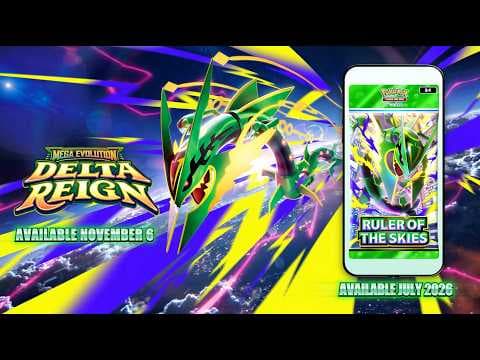 YouTube thumbnail for [Trailer] Pokémon TCG: Mega Evolution—Delta Reign & Pokémon TCG Pocket: Ruler of the Skies | Coming Soon