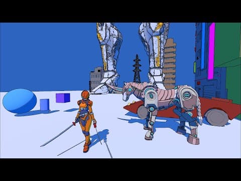 YouTube thumbnail for Synergy-Sable-Moebius-style rendering in Godot | clip of someone's WIP game called Divine Machina