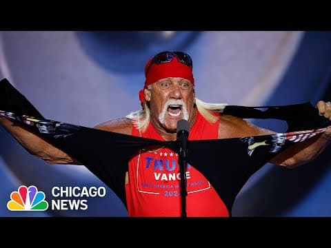 YouTube thumbnail for Hulk Hogan’s FULL SPEECH at RNC + signature SHIRT RIP for Trump [09:34 | JUL 18 24 | NBC Chicago]