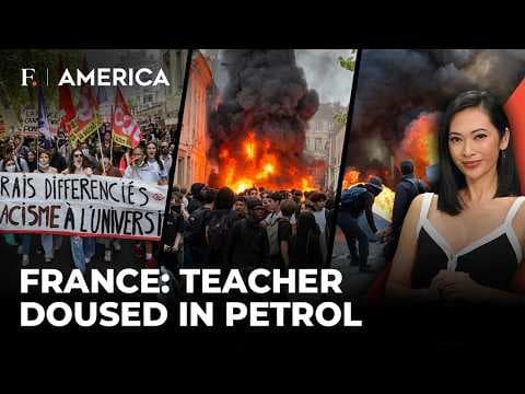 YouTube thumbnail for France Protests: Teacher Doused in Petrol, Students Set Schools on Fire | Firstpost America