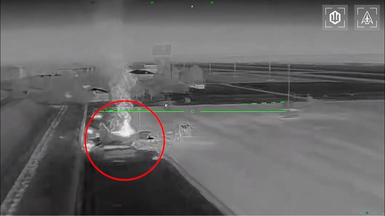 YouTube thumbnail for Ukraine Destroys Rare Su-33 (First Destroyed), MiG-29 and Orion Attack Drone At Anapa Airport  ( Suchomimus )