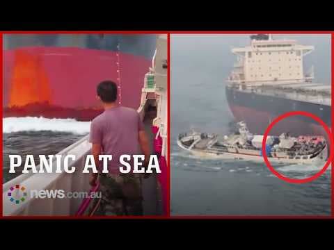 YouTube thumbnail for Terrifying moment Chinese fishing boat is hit by 230m cargo ship