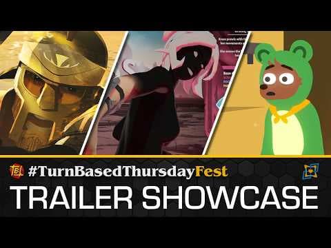 YouTube thumbnail for Big turn-based games (RPGs, city builders, tactics, etc.) festival on Steam this week. Trailer showcase from it with 25 game announcements.