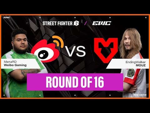 YouTube thumbnail for MenaRD vs. EndingWalker | Street Fighter 6 at EWC 25 - Day 4 - Round of 16