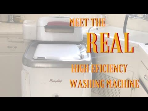 YouTube thumbnail for American man with deep voice calmly explains how he washes clothes in vintage washer, with lots of water sounds