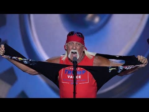 YouTube thumbnail for Hulk Hogan rips shirt at RNC: ‘Let Trumpamania run wild, brother’ [01:11 | JUL 18 24 | POLITICO]