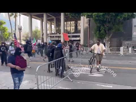 YouTube thumbnail for Mounted Police Officer Charges Through Crowd of Protesters in Los Angeles (i.e. stupid cops in LA put horses as well as people in unnecessary danger)