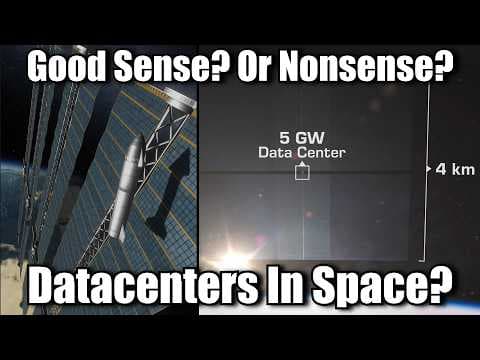 YouTube thumbnail for [Scott Manley] Does It Make Sense To Put Data Centers In Space? Can They Really Cost Less To Operate?