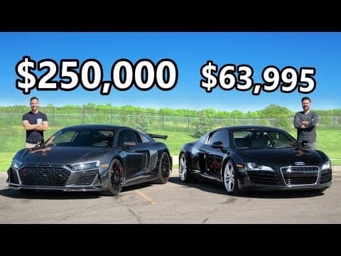 YouTube thumbnail for 2023 Audi R8 GT vs The Cheapest Audi R8 You Can Buy