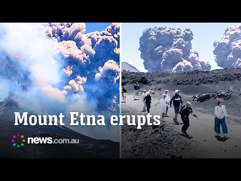 YouTube thumbnail for Terrifying moment tourists flee Mt Etna eruption in Italy [2:18]