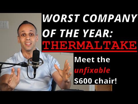 YouTube thumbnail for $600 Thermaltake chair has NO replaceable/repairable parts & GARBAGE staff [16:12 | JUL 16 24 | Louis Rossmann]