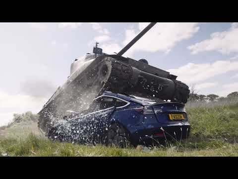 YouTube thumbnail for British WW2 Vet in Sherman tank crushes tesla with number plate 'fascism'