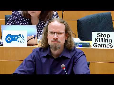 YouTube thumbnail for Ross Scott (Stop Killing Games) speaks at European Parliament hearing