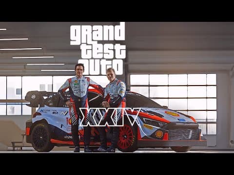 YouTube thumbnail for Grand Test Auto XXIV | Hyundai Rally Team hilariously recreated GTA 6 Trailer