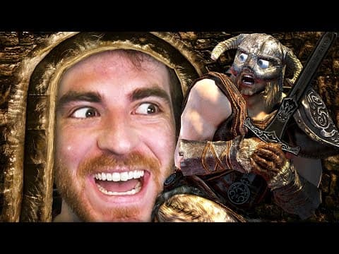 YouTube thumbnail for DougDoug | Skyrim, but if I look at ANY character I have to kill them