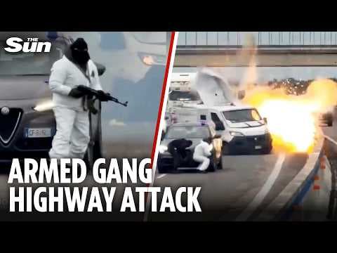 YouTube thumbnail for Robbers blow up an armored truck in the middle of a highway in Italy