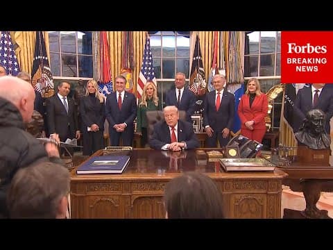 YouTube thumbnail for The president of America appears to poop his pants and immediately ends a press conference (Forbes video that doesn't mention the pooping, but you hear it on mic)